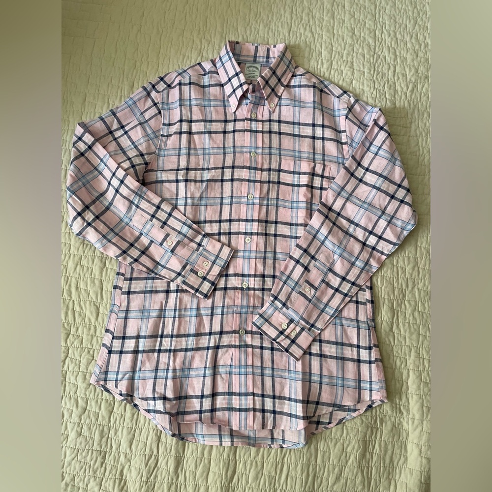 Brooks Brothers Regent Pink Plaid Linen Button down Shirt ~ M